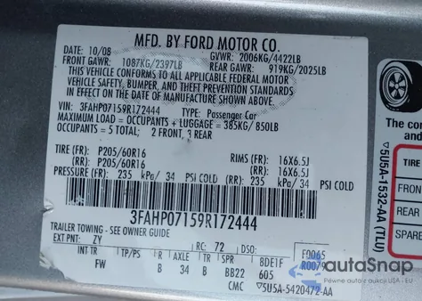 2009 Ford Fusion Se из США, поврежденный, VIN 3FAHP07159R172444